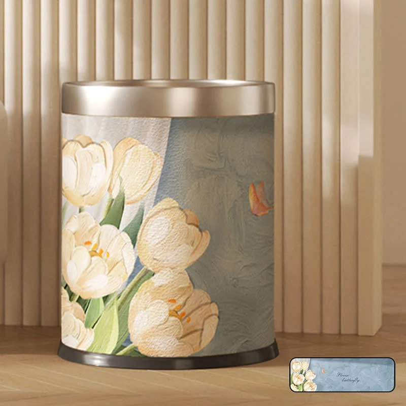 Doppellagiger Papierkorb aus Leder mit Blumenmuster