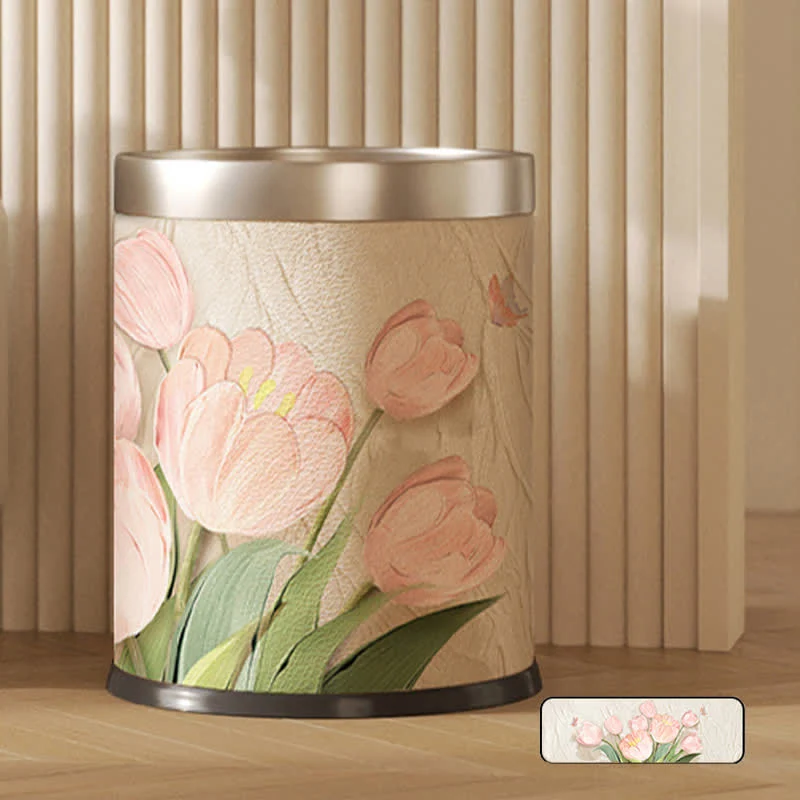 Doppellagiger Papierkorb aus Leder mit Blumenmuster