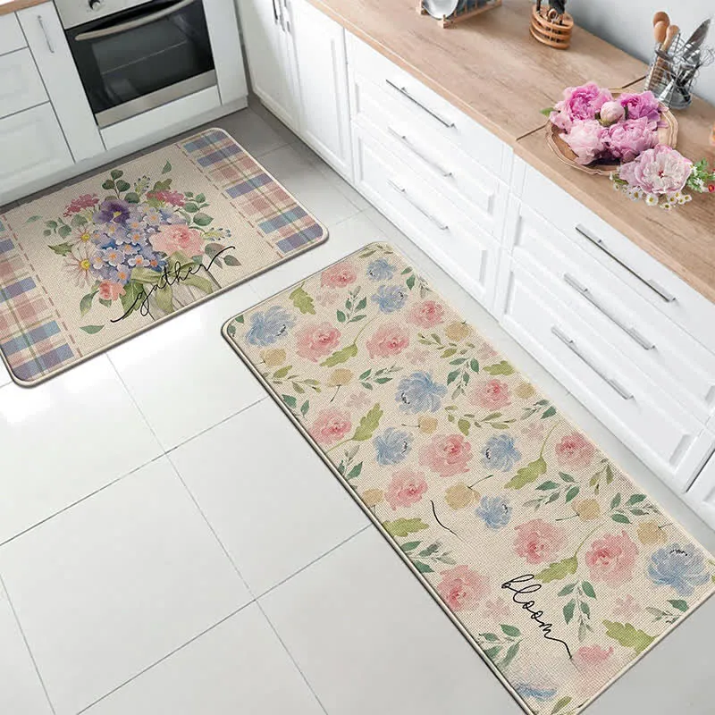 Küchenbodenmatte im Frühlingspastoralstil mit Blumenpflanzen