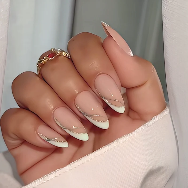 Elegant French Tip Press-On Nails with Glitter Accents Stornfield