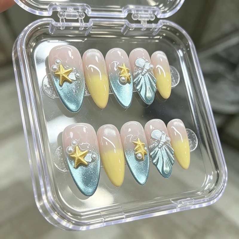 Decorative Press-On Nail Set with Ocean-Inspired Designs Stornfield