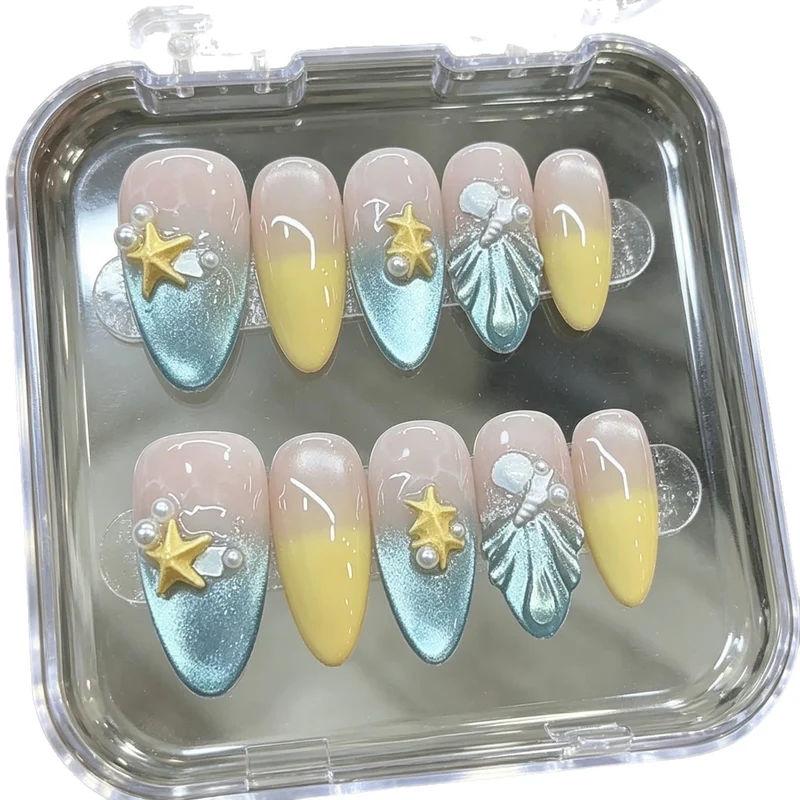 Decorative Press-On Nail Set with Ocean-Inspired Designs Stornfield