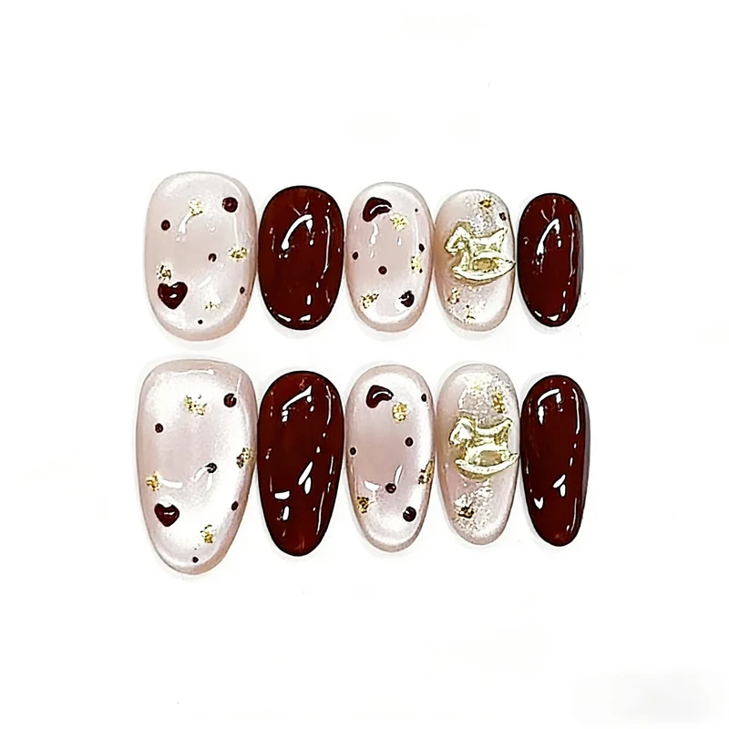 Decorative Press-On Nail Set with Heart and Gold Accents Stornfield