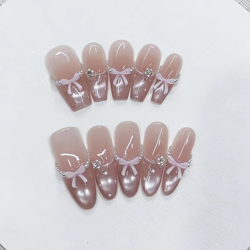 Decorative Press-On Nail Set with Elegant Bow and Gem Accents Stornfield