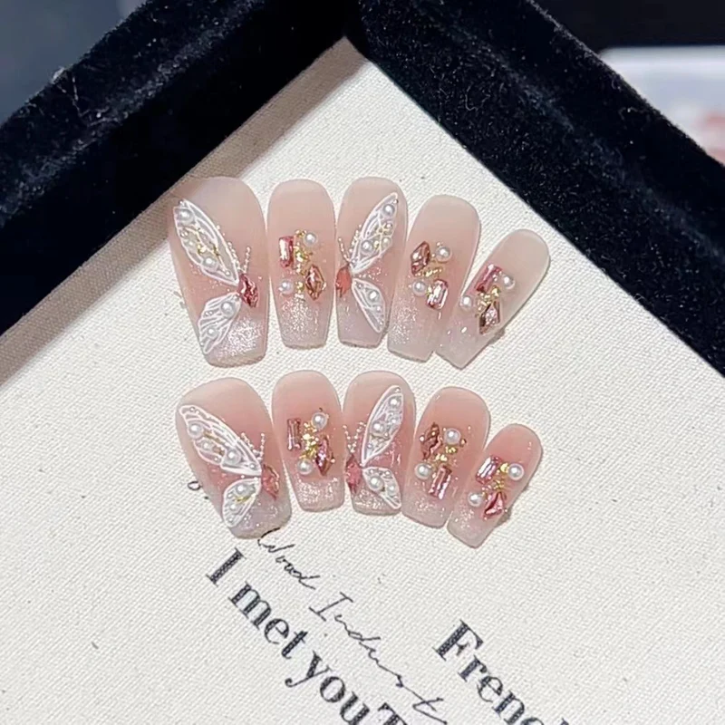 Decorative Press-On Nail Set with Butterfly and Gem Accents Stornfield