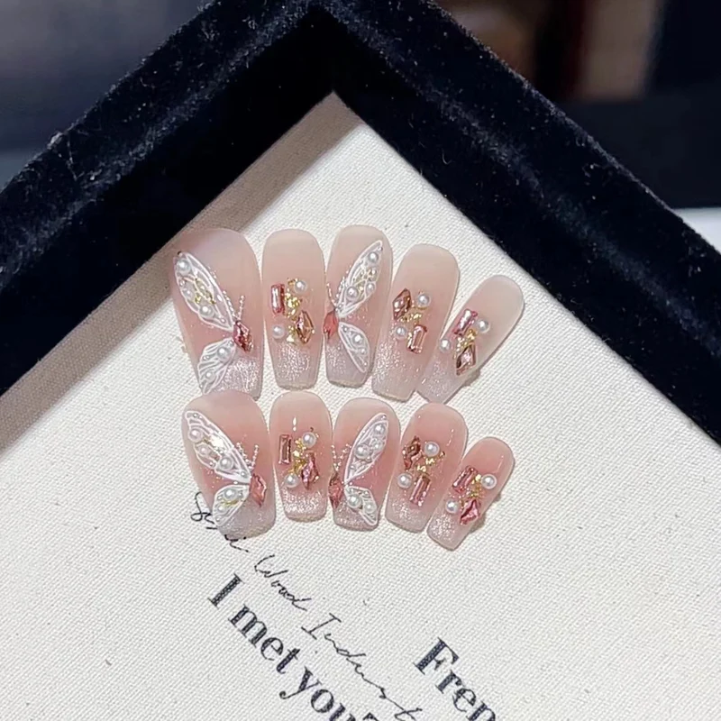 Decorative Press-On Nail Set with Butterfly and Gem Accents Stornfield