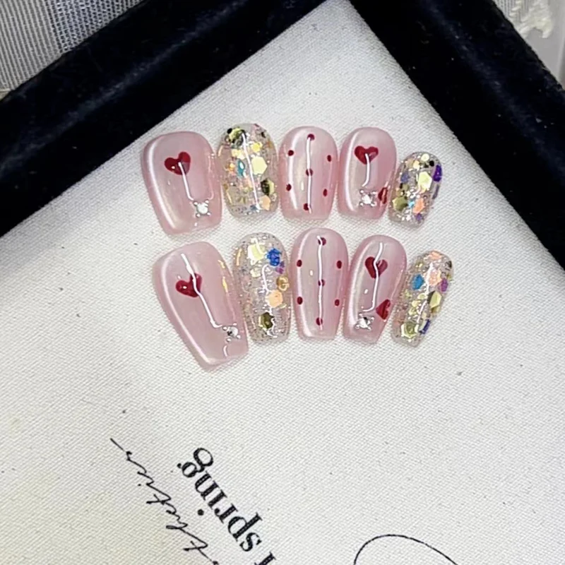 Decorative Press-On Nail Art Set with Heart and Glitter Designs Stornfield