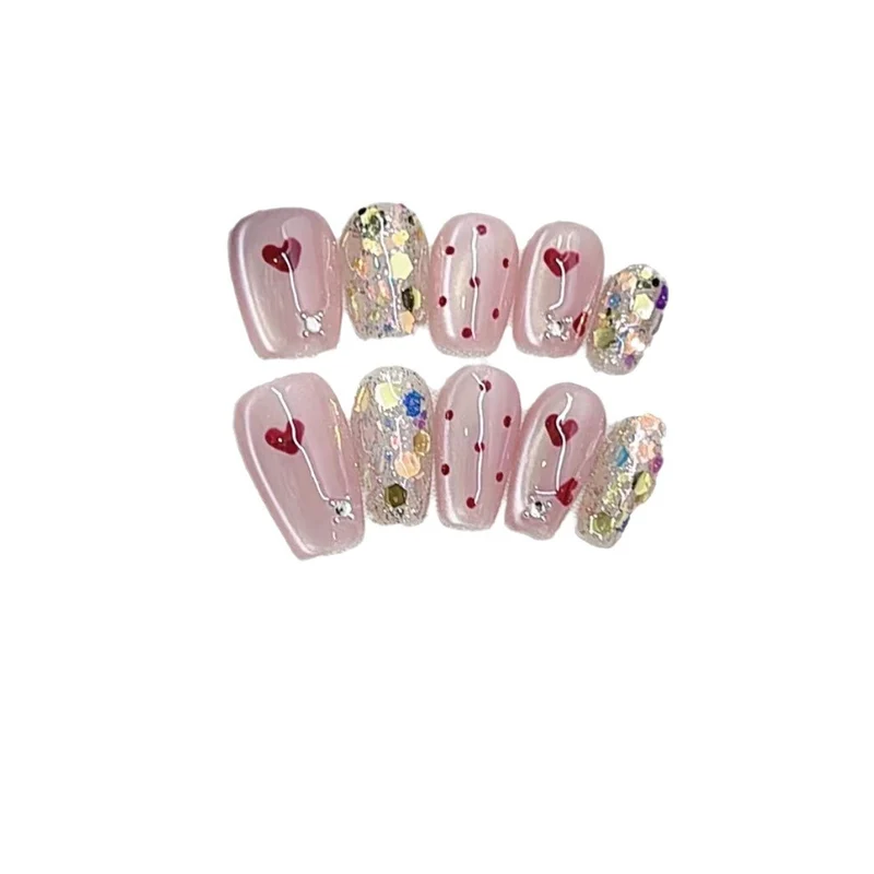 Decorative Press-On Nail Art Set with Heart and Glitter Designs Stornfield
