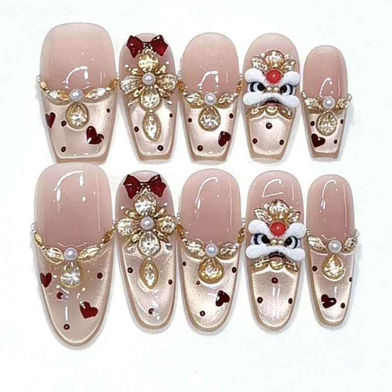 Decorative Press-On Nail Art Set with Heart and Gem Accents Stornfield