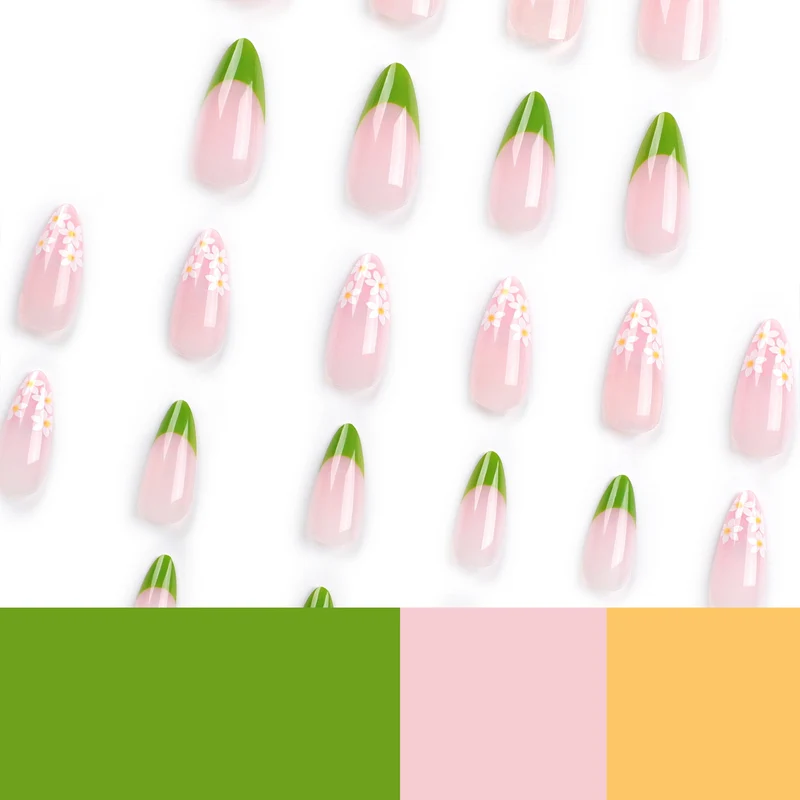 Artificial nails with floral accents and green French tip Stornfield