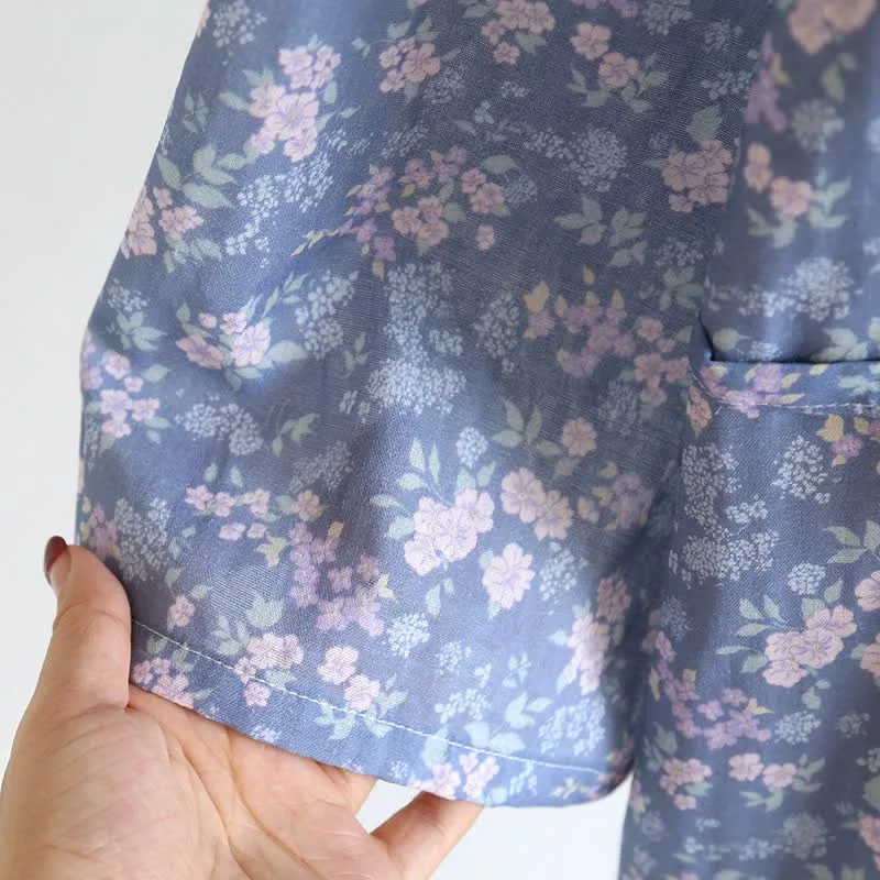 Rustikaler blauer Kimono-Bademantel aus Baumwolle mit Blumenmuster