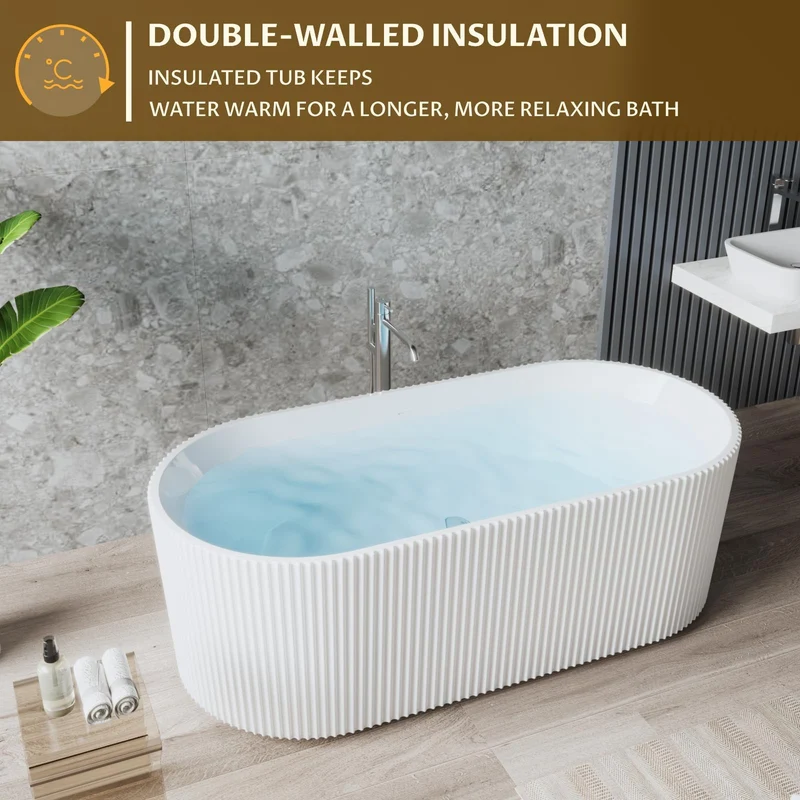 Garvee Vasca da Bagno in Acrilico Freestanding 170 cm Profonda con Supporto Lombare Bianco per Bagno Moderno