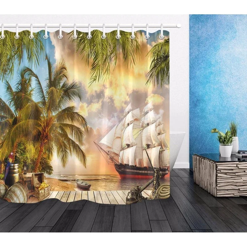 Duschvorhang Piratenschiff bei Sonnenuntergang