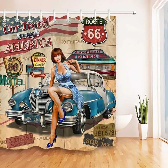 Duschvorhang Retro Pin-Up Route 66