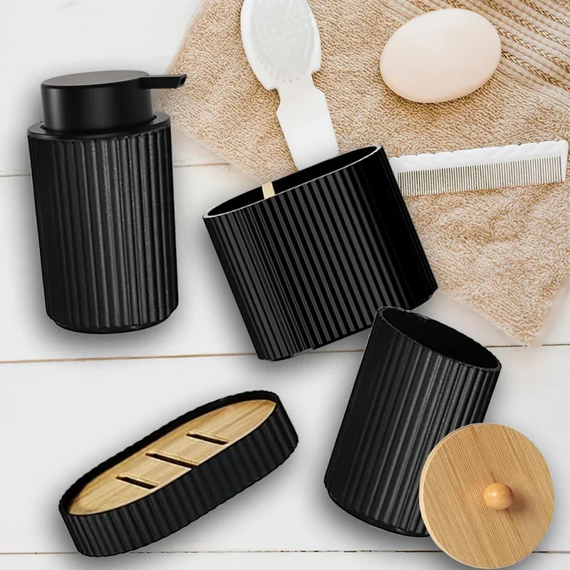 NoirLuxe Badezimmer Set – Schwarzes Badezimmer-Accessoire-Set mit Seifenspender & Zahnbürstenhalter