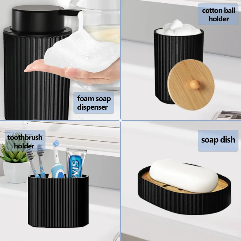 NoirLuxe Badezimmer Set – Schwarzes Badezimmer-Accessoire-Set mit Seifenspender & Zahnbürstenhalter