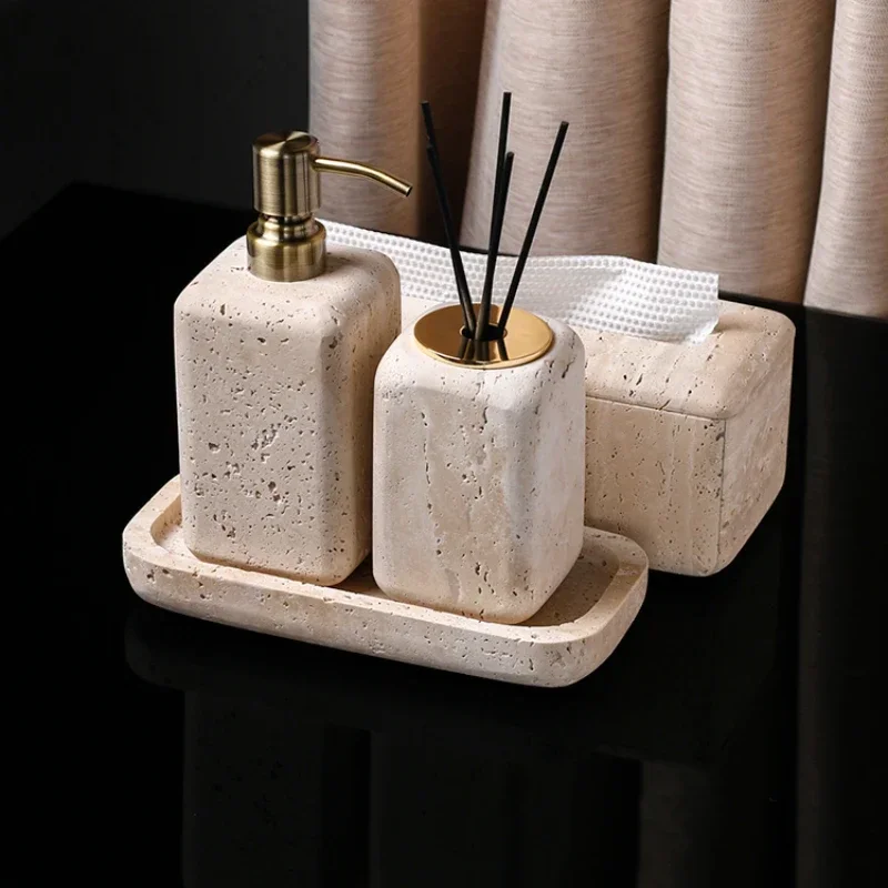 Travertine Élégance Badezimmer-Set – 6-teiliges Luxus-Set aus Beige Naturstein für Zuhause & Hotel
