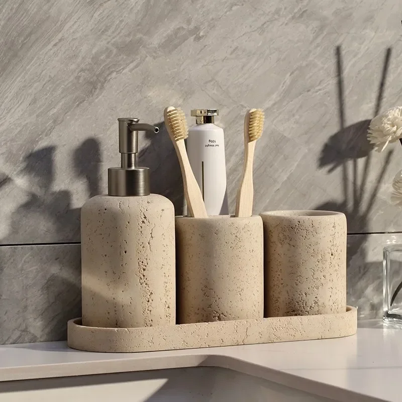 AureliaStone Luxus Badset aus Kalkstein – Zahnbürstenhalter, Seifenspender & Ablage