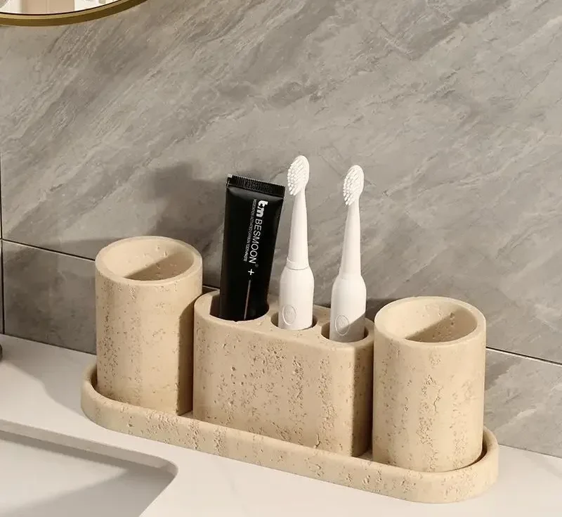 AureliaStone Luxus Badset aus Kalkstein – Zahnbürstenhalter, Seifenspender & Ablage