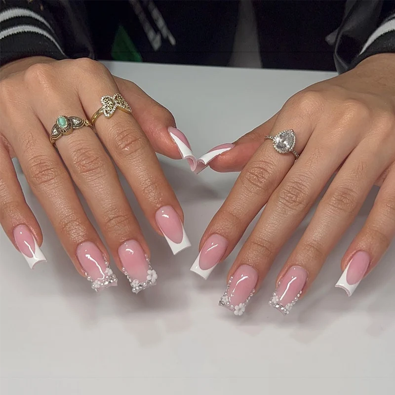 Press-On Nail Set with French Tip Design and Floral Accents Stornfield