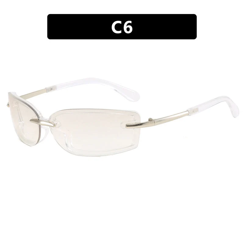 Dame moteriktig solbrille i futuristisk design og gjennomsiktig ramme Luvikno