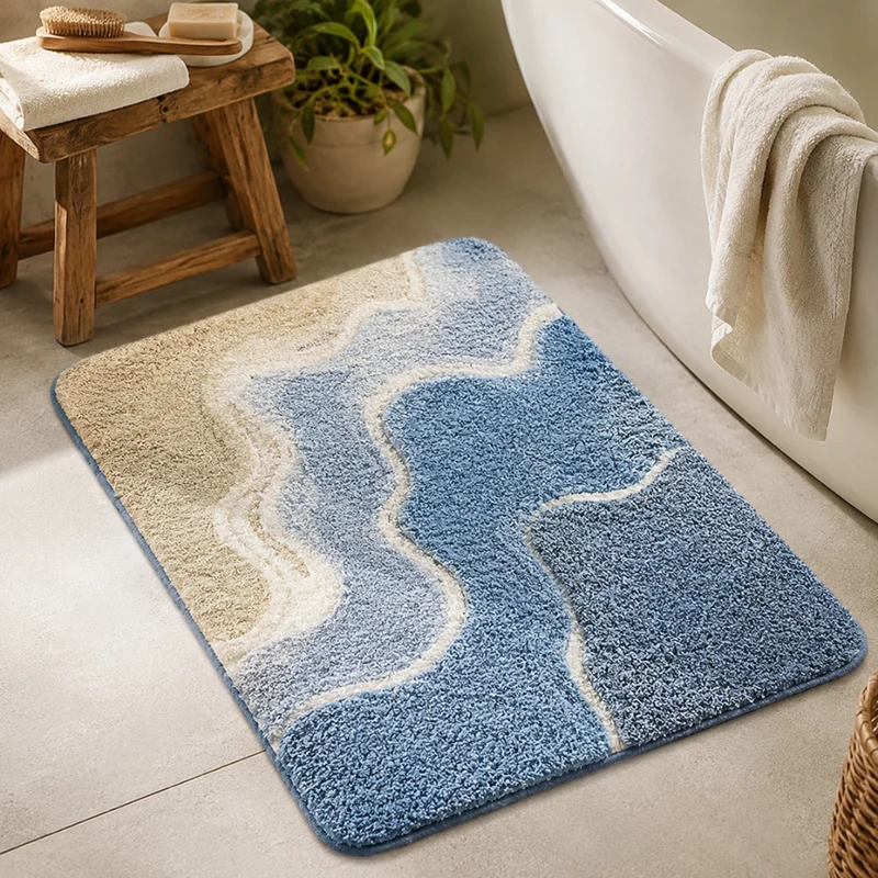 Rutschfeste Badematte Saugfähig – Flauschiger Badteppich im Strand Wellen Design für Badezimmer