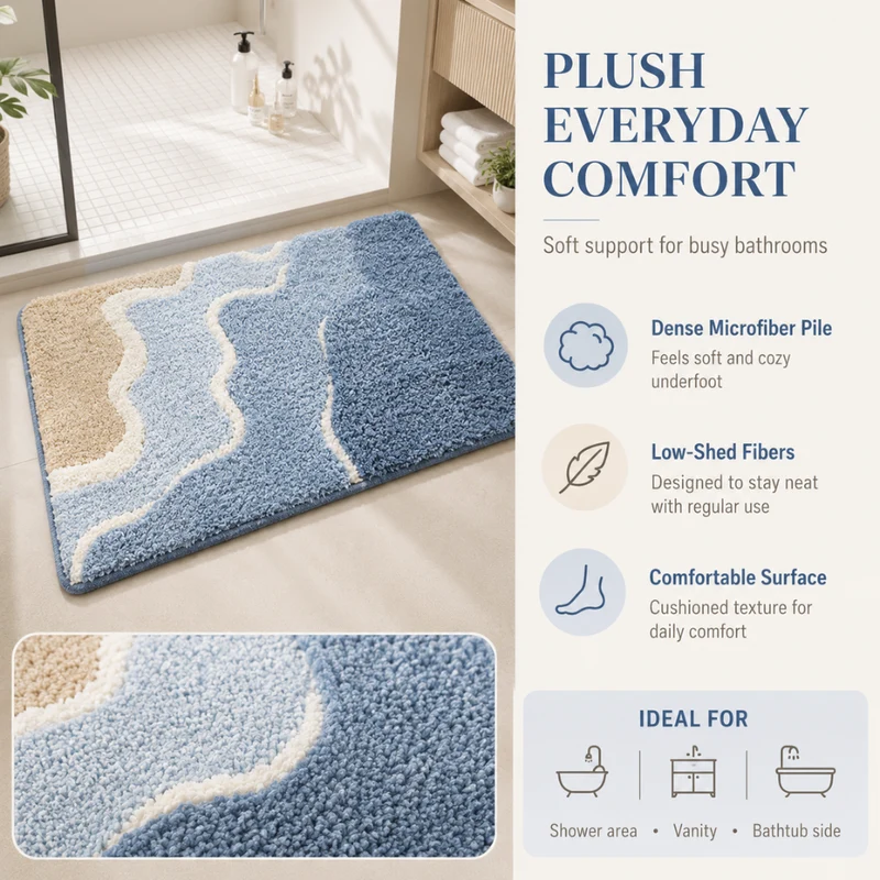 Rutschfeste Badematte Saugfähig – Flauschiger Badteppich im Strand Wellen Design für Badezimmer