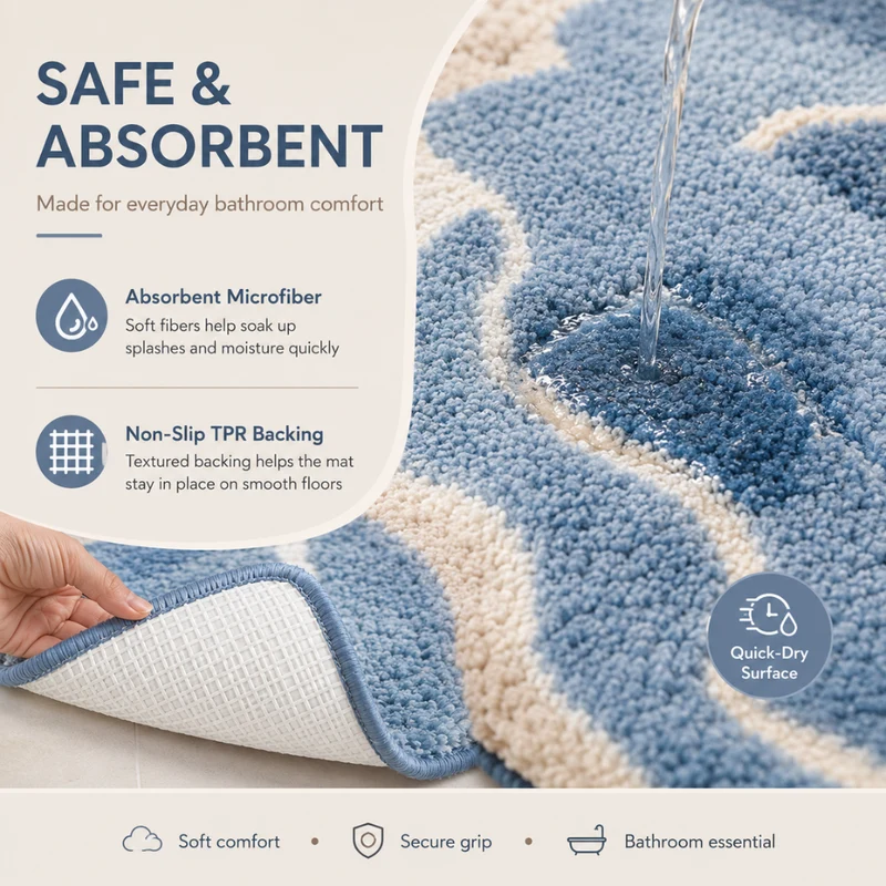 Rutschfeste Badematte Saugfähig – Flauschiger Badteppich im Strand Wellen Design für Badezimmer