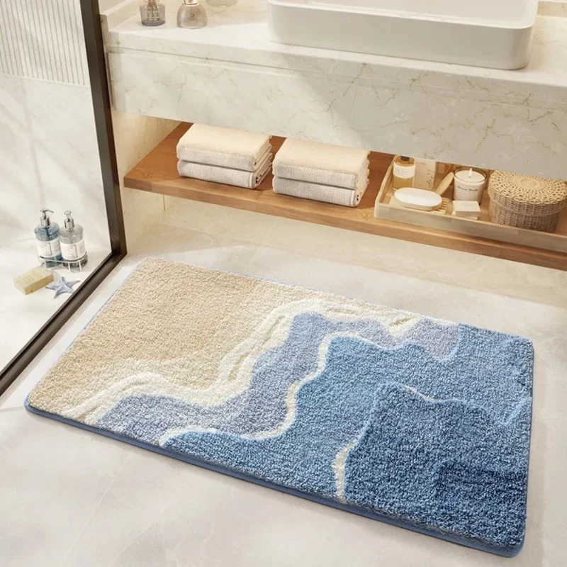 Rutschfeste Badematte Saugfähig – Flauschiger Badteppich im Strand Wellen Design für Badezimmer