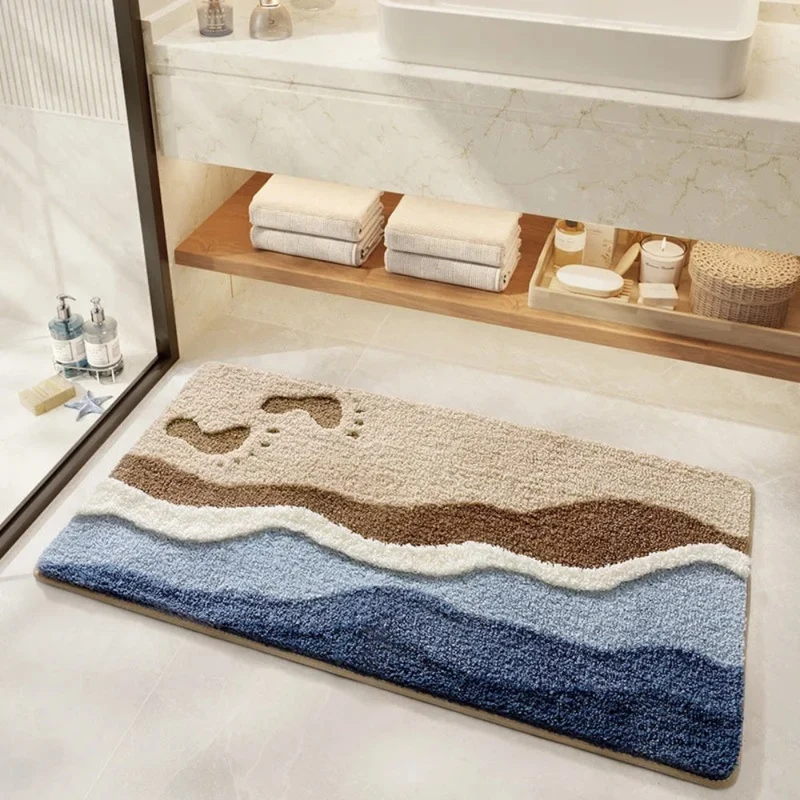 Flauschige Badematte Rutschfest – Saugstarker Badteppich mit Meer & Strand Design für Modernes Bad