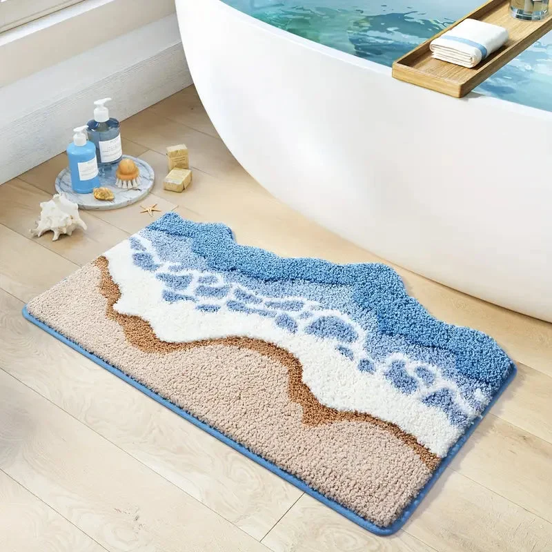 Nordic Coastal Badematte - Hochflorige Mikrofaser in Erdtönen und Meeresblau für Badezimmerdekoration