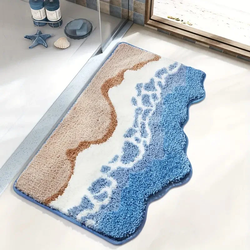 Nordic Coastal Badematte - Hochflorige Mikrofaser in Erdtönen und Meeresblau für Badezimmerdekoration