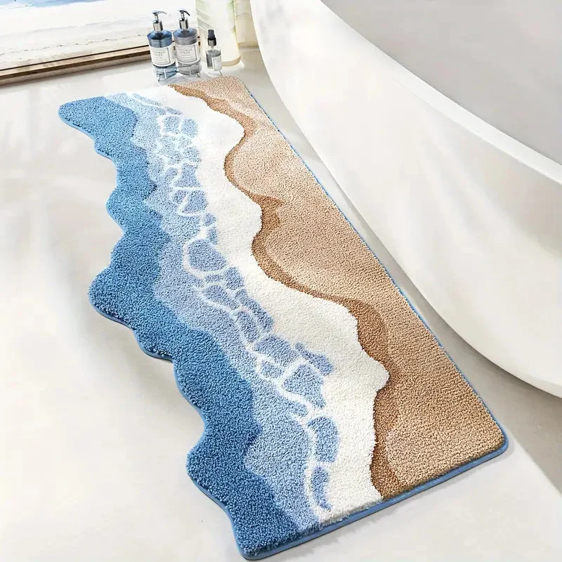 Nordic Coastal Badematte - Hochflorige Mikrofaser in Erdtönen und Meeresblau für Badezimmerdekoration
