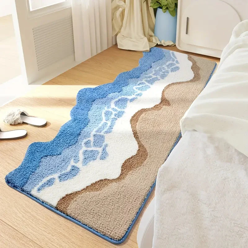 Nordic Coastal Badematte - Hochflorige Mikrofaser in Erdtönen und Meeresblau für Badezimmerdekoration
