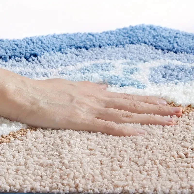 Nordic Coastal Badematte - Hochflorige Mikrofaser in Erdtönen und Meeresblau für Badezimmerdekoration