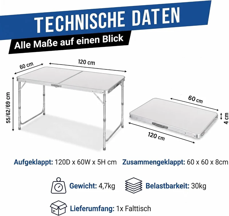 Klapptisch 120x60cm - Höhenverstellbarer Campingtisch Faltbar