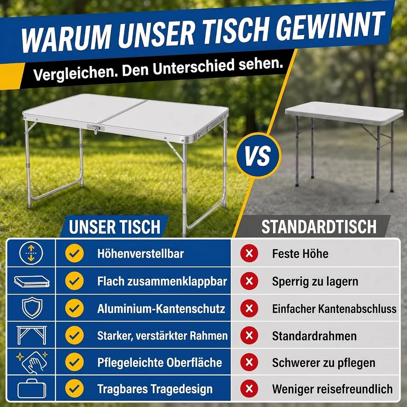 Klapptisch 120x60cm - Höhenverstellbarer Campingtisch Faltbar
