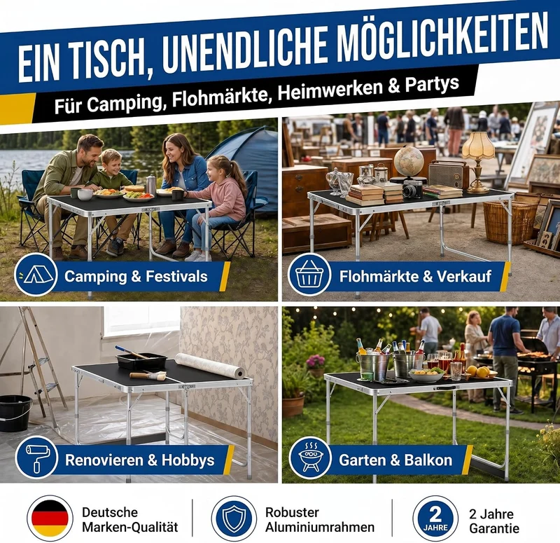 Klapptisch 120x60cm - Höhenverstellbarer Campingtisch Faltbar