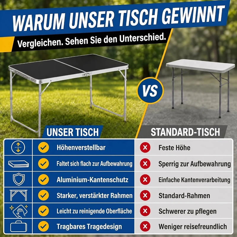 Klapptisch 120x60cm - Höhenverstellbarer Campingtisch Faltbar