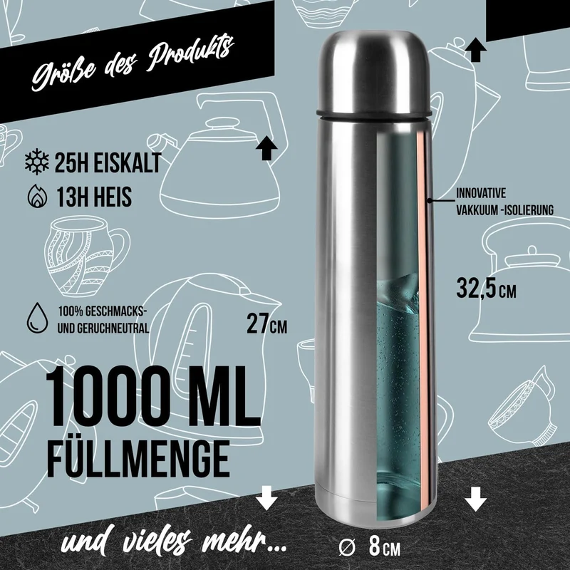 Edelstahl Thermoskanne 1L - Auslaufsichere Isolierflasche 12h heiß