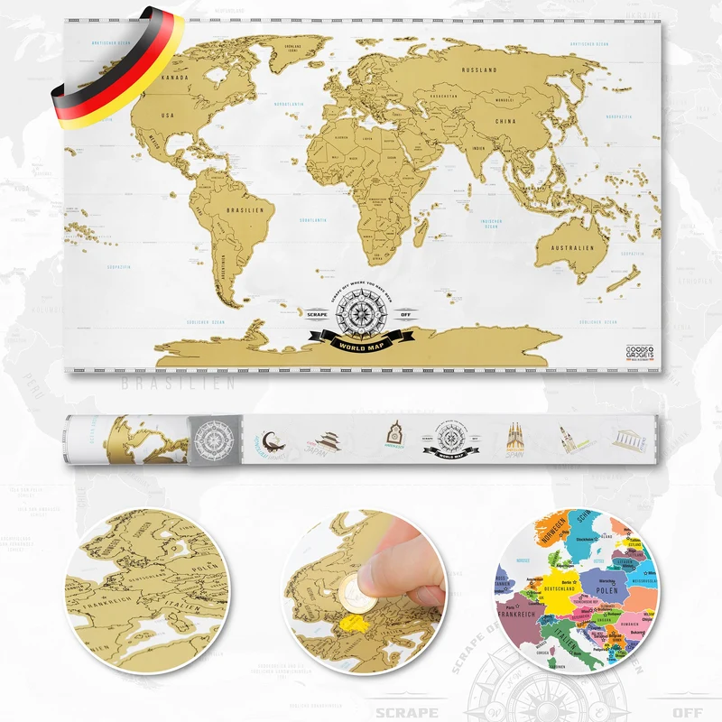 Weltkarte zum Rubbeln Deluxe in Gold für Reiselustige & Globetrotter