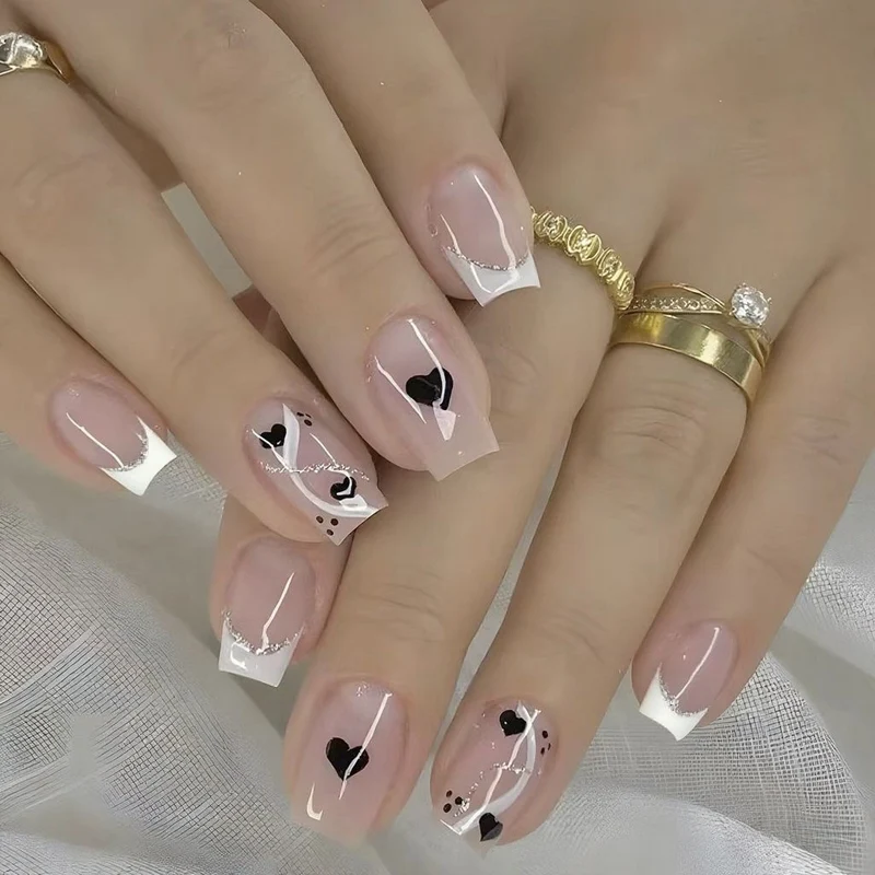 Heart-Embellished French Tip Nail Art Extensions Stornfield