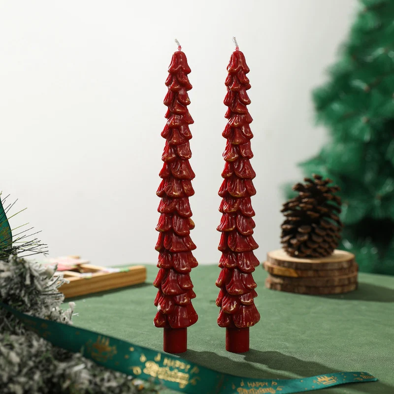 Sculpted Evergreen Tree Taper Candle Set Decorative Holiday Table Candles
