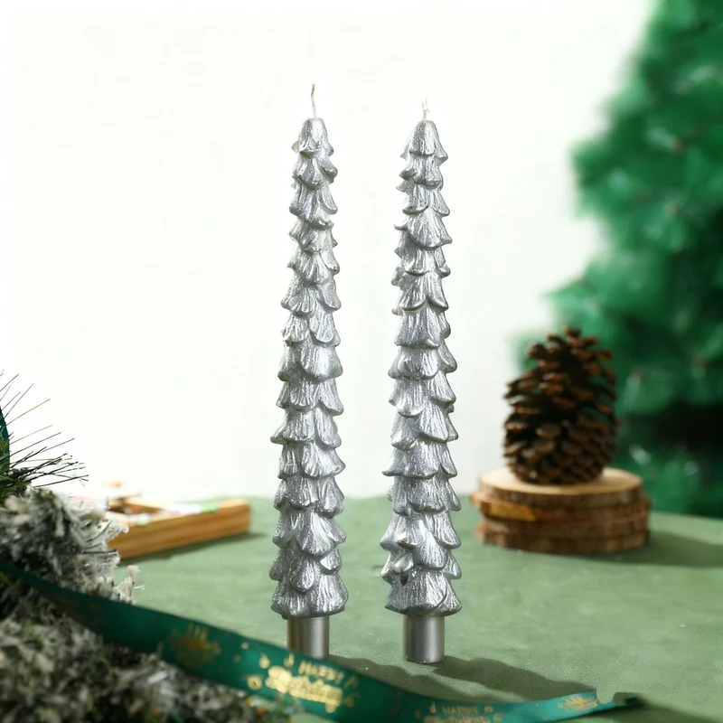 Sculpted Evergreen Tree Taper Candle Set Decorative Holiday Table Candles