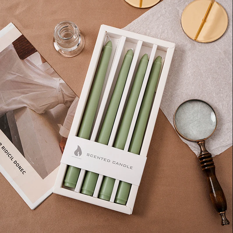 Scented Long Slim Dinner Taper Candles Set of Four with Slow-Burn Soy Blend