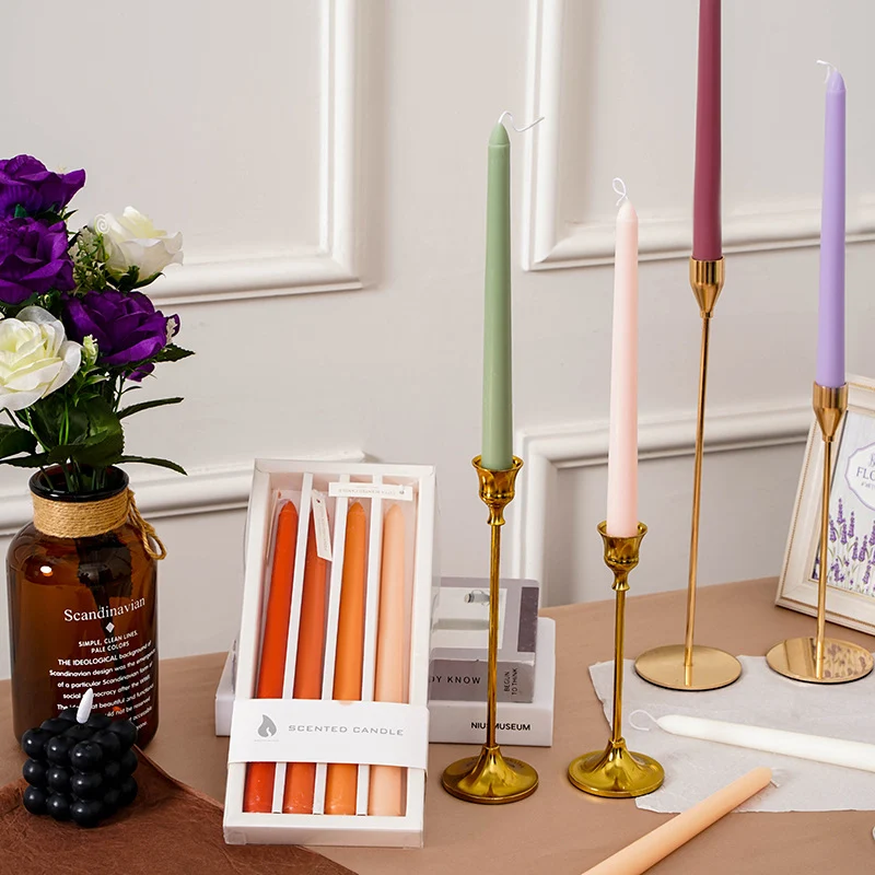 Scented Long Slim Dinner Taper Candles Set of Four with Slow-Burn Soy Blend