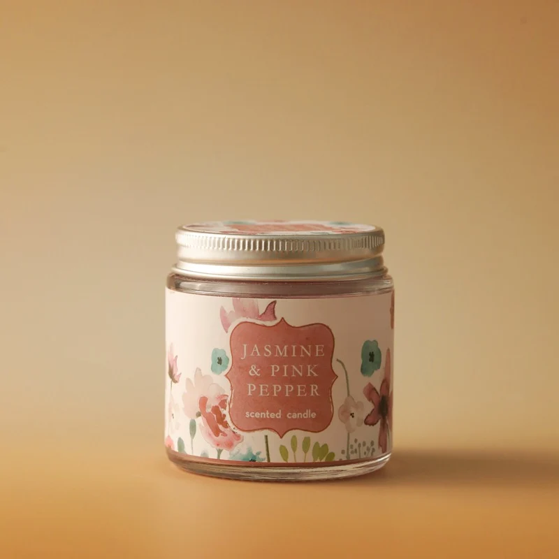Scented Cherry Blossom & Bay Glass Jar Candle with Metal Screw Lid and Floral Label