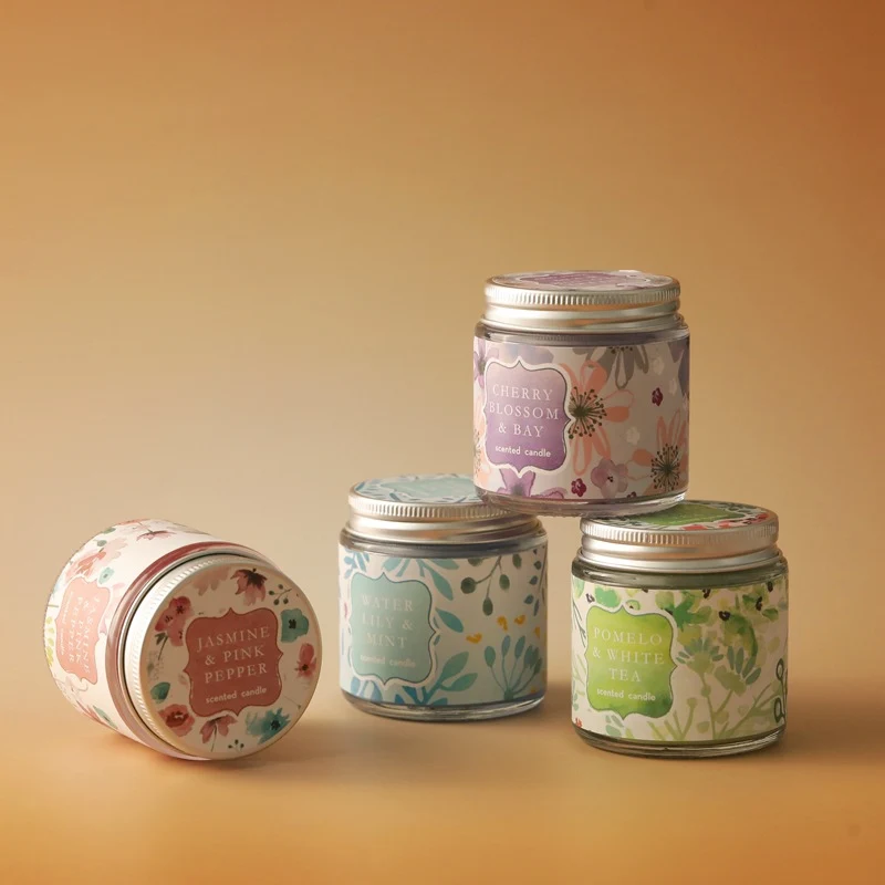 Scented Cherry Blossom & Bay Glass Jar Candle with Metal Screw Lid and Floral Label