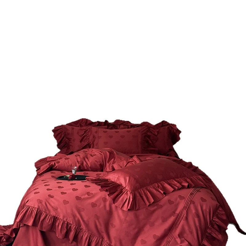 Luxuriöse Satin-Bettwäschegarnitur mit Herz-Jacquard, Volant-Rüschen und Hotelverschluss Karnz