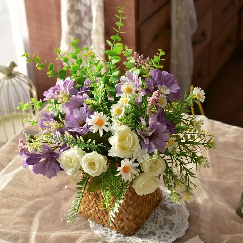 Elegant Synthetic Floral Arrangement in Woven Basket